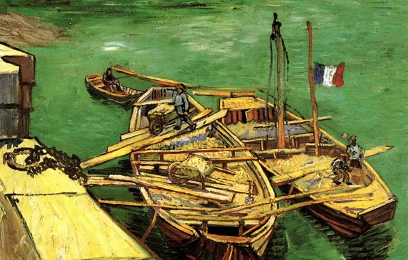 Картинка лодки, Vincent van Gogh, флаг франции, Unloading Sand Barges, Quay with Men
