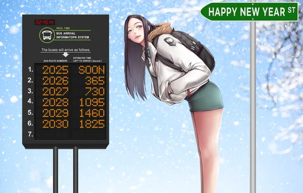 Girl, woman, winter, snow, happy new year, 2025 year, college girl, bus arrival information system