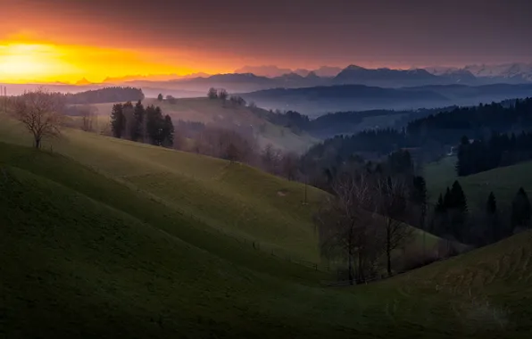 Закат, туман, Switzerland, Lucerne, Altbüron