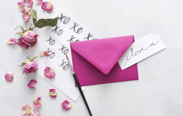 Письмо, роза, Love, лепестки, конверт, blooms, envelope