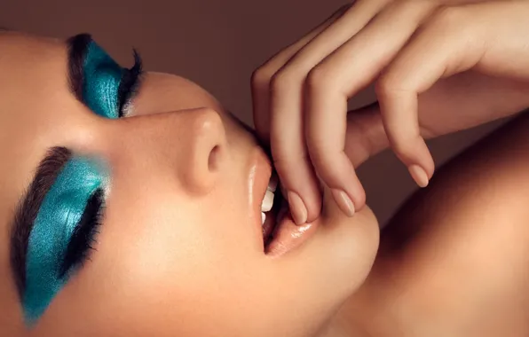 Девушка, лицо, модель, рука, макияж, губы, тени, make up