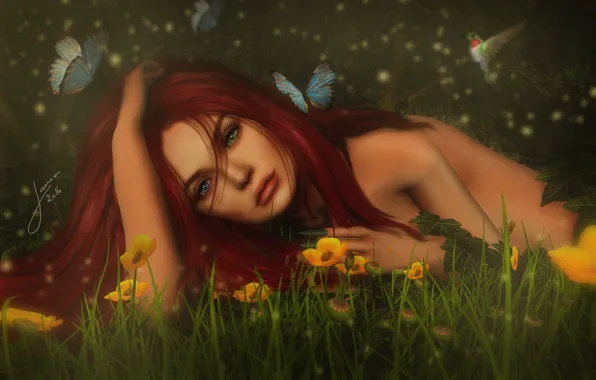 Картинка девушка, бабочки, цветы, волосы, рыжая