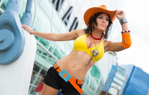 Brunette, Jessica Nigri, attitude, Toy Story Jessie hat, cosplay costume