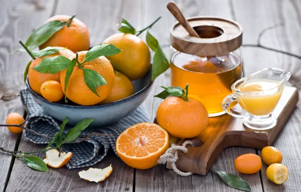 Картинка зима, листья, сок, мед, посуда, фрукты, натюрморт, оранжевые