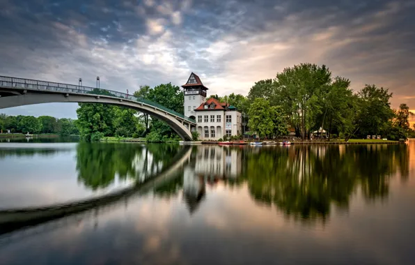 Вода, деревья, дом, отражение, река, Мост, house, bridge