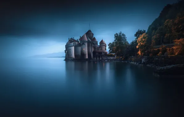 Картинка осень, озеро, замок, вечер