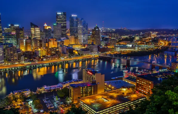 Картинка река, здания, мосты, ночной город, Пенсильвания, небоскрёбы, Pennsylvania, Питтсбург