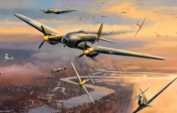 Картинка авиация, арт, самолеты, британцы, немцы, Вторая мировая война, битва за Лондон, воздушные бои