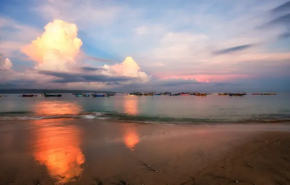 Пляж, закат, лодки, Бали