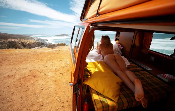 Girl, sea, nude, blonde, butt, reading, camping, Julia Rommelt