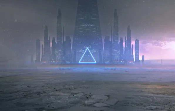 Море, снег, закат, город, океан, лёд, киберпанк, cyberpunk