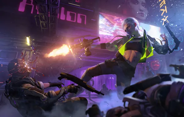 Девушка, Оружие, Cyberpunk 2077, Киберпанк, Woman Warrior, Футуристик