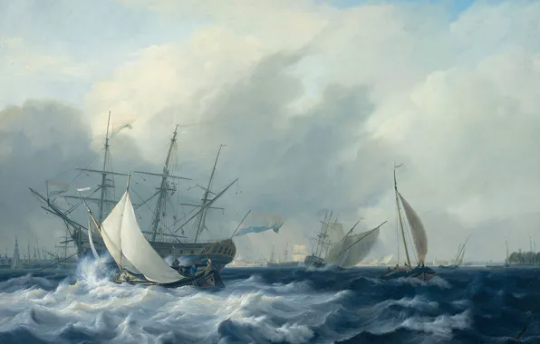 Картина, морской пейзаж, Nicolaas Baur, Военный Корабль Амстердам