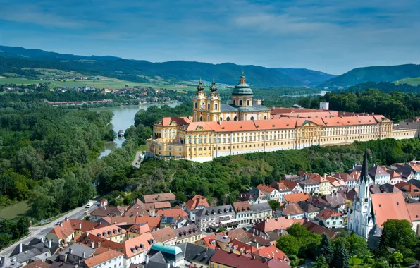 Горы, река, дома, Австрия, монастырь, аббатство, Melk Abbey, Мельк