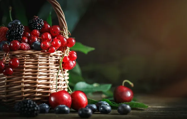 Ягоды, стол, корзина, фрукты, спелые
