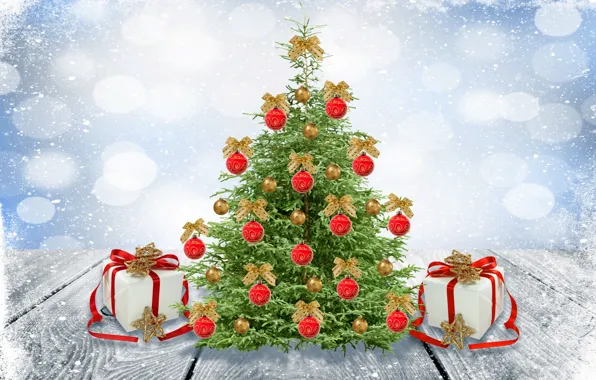 Картинка зима, снег, шары, игрушки, елка, Новый Год, Рождество, Christmas