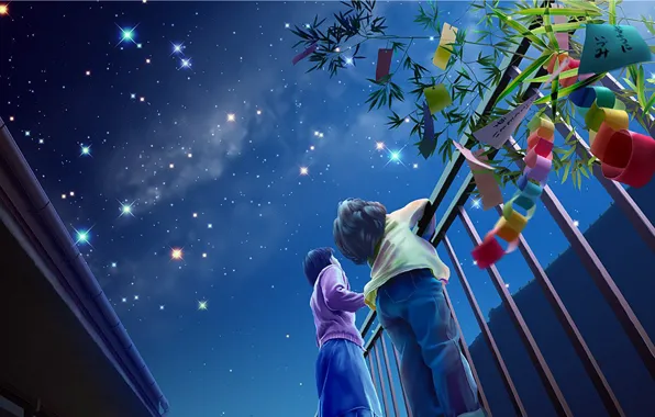Картинка ночь, дети, праздник, звездное небо, ютака кагайя, yutaka kagaya
