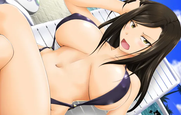 Girl, sexy, pool, cleavage, long hair, boobs, anime, beautiful