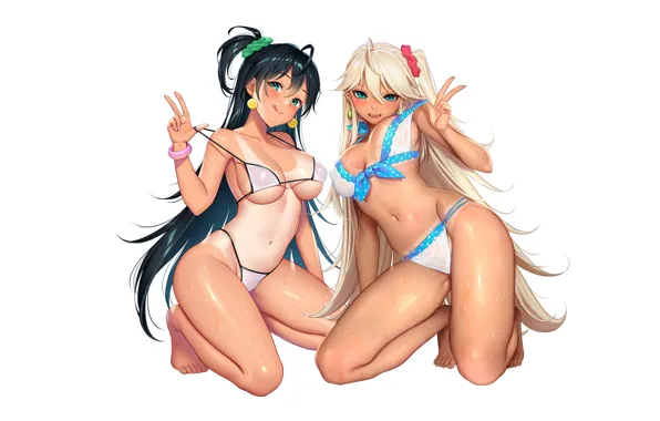 Sexy, cleavage, green eyes, long hair, girls, boobs, anime, blue eyes