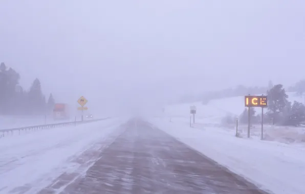 Картинка дорога, снег, туман, метель