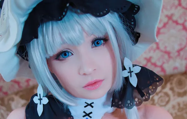 Girl, blue eyes, beautiful, short hair, model, pretty, face, cosplay