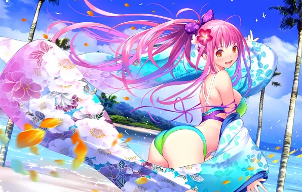 Girl, sexy, ass, cleavage, beach, pink hair, sky, long hair