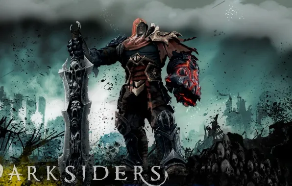 City, demon, skull, sword, armor, war, man, Darksiders