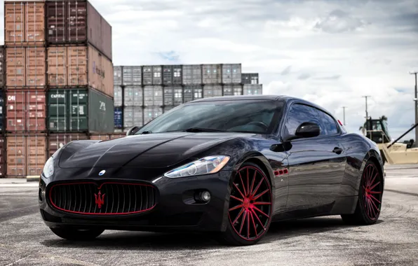 Картинка Maserati, black, GranTurismo, with, exterior, painted, lowered, Vossen wheels