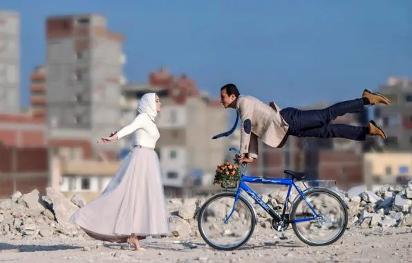 Картинка велосипед, полёт, невеста, жених, навстречу любви