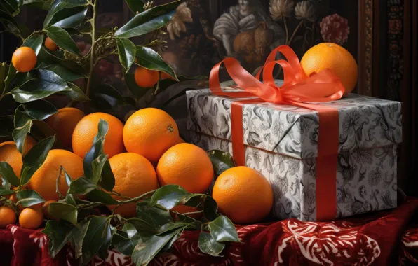 Листья, ветки, коробка, подарок, апельсины, картина, Рождество, Новый год