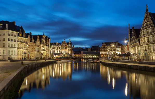 Ночь, город, фото, дома, Бельгия, Gent, водный канал
