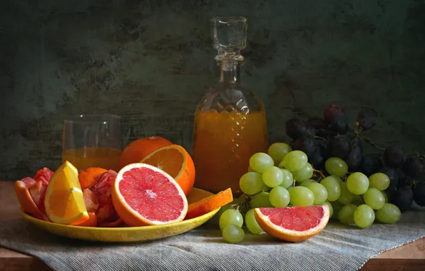 Картинка апельсин, сок, виноград, натюрморт, цитрусы, грейпфрут