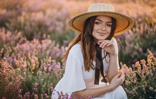 Девушка, цветы, портрет, шляпа, лаванда, лавандовое поле