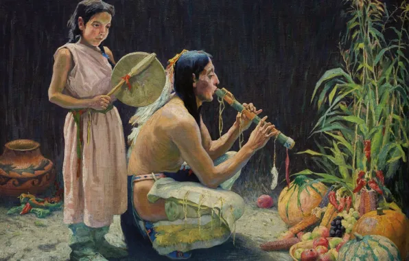 Музыкальные инструменты, фрукты и овощи, Eanger Irving Couse, The Harvest Song, (c.1920)