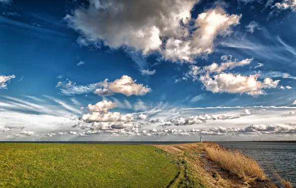 Картинка море, небо, облака, побережье, Нидерланды, Голландия, Flevoland, Lelystad