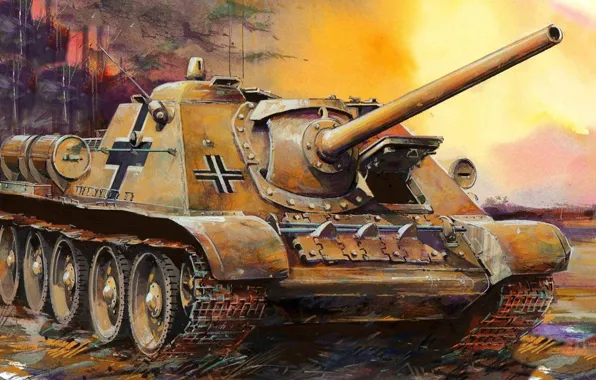 Рисунок, САУ, истребитель танков, советская самоходно-артиллерийская установка, СУ-85, захваченная броня