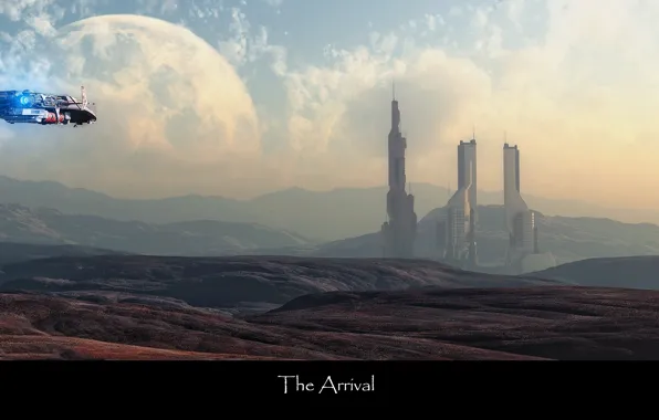 Планета, башни, прибытие, spaceship, planet, towers, the arrival
