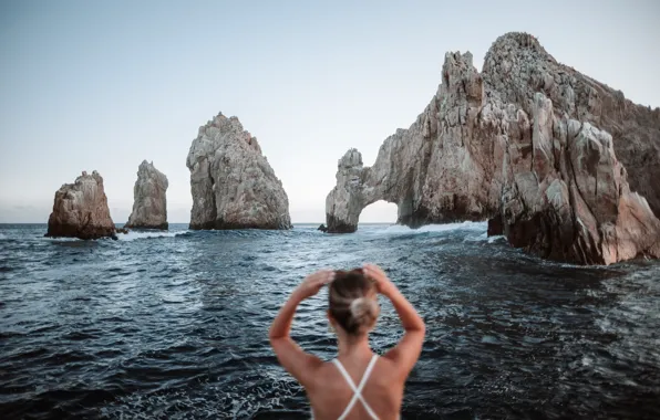 Картинка Девушка, Мексика, Mexico, Pacific Ocean, Тихий океан, Пляж Влюбленных, Arch of Cabo San Lucas, Lovers …