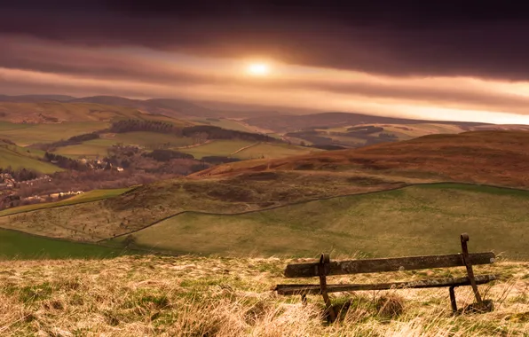 Картинка небо, солнце, закат, скамейка, холмы, поля, даль, Шотландия