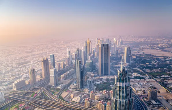 Картинка закат, здания, панорама, Дубай, Dubai, небоскрёбы, ОАЭ, UAE