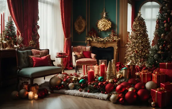 Комната, елка, интерьер, Рождество, Новый год, камин, Christmas, view