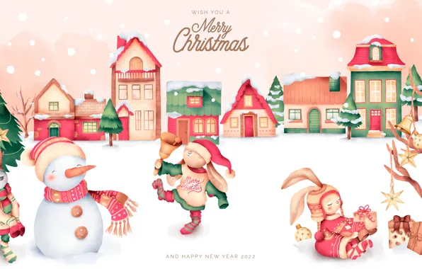 Картинка зима, снег, дерево, дома, Рождество, кролики, Новый год, снеговик