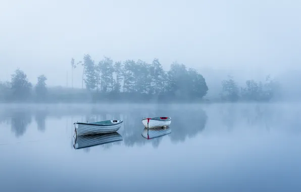 Картинка туман, озеро, лодки