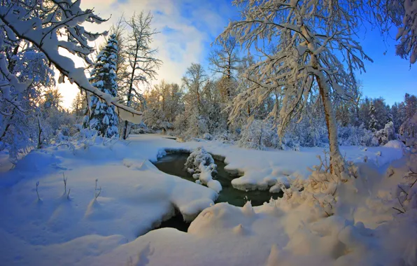 Картинка зима, небо, облака, снег, пейзаж, закат, природа, река