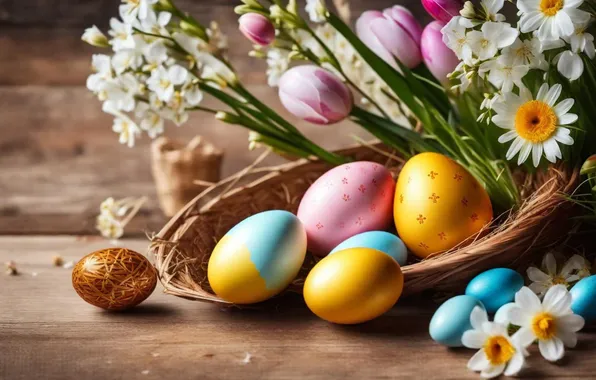 Картинка цветы, яйца, весна, colorful, Пасха, happy, flowers, spring
