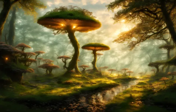 Landscape, art, sun, pathway, mushroom, digital art, fantasy art, creek