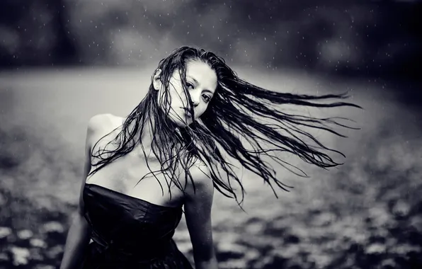 Картинка девушка, капли, дождь, мокрые волосы