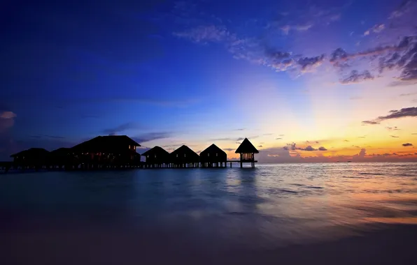 Картинка море, небо, закат, вечер, Мальдивы, бунгало