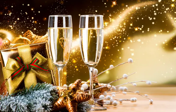 Украшения, подарок, Новый Год, бокалы, шампанское, New Year, Happy