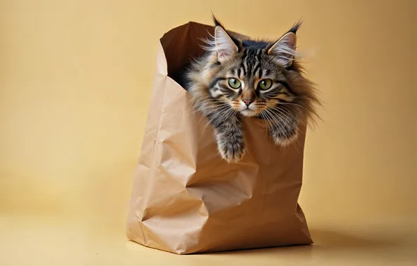 Кошка, взгляд, поза, котенок, серый, лапки, пакет, мордашка
